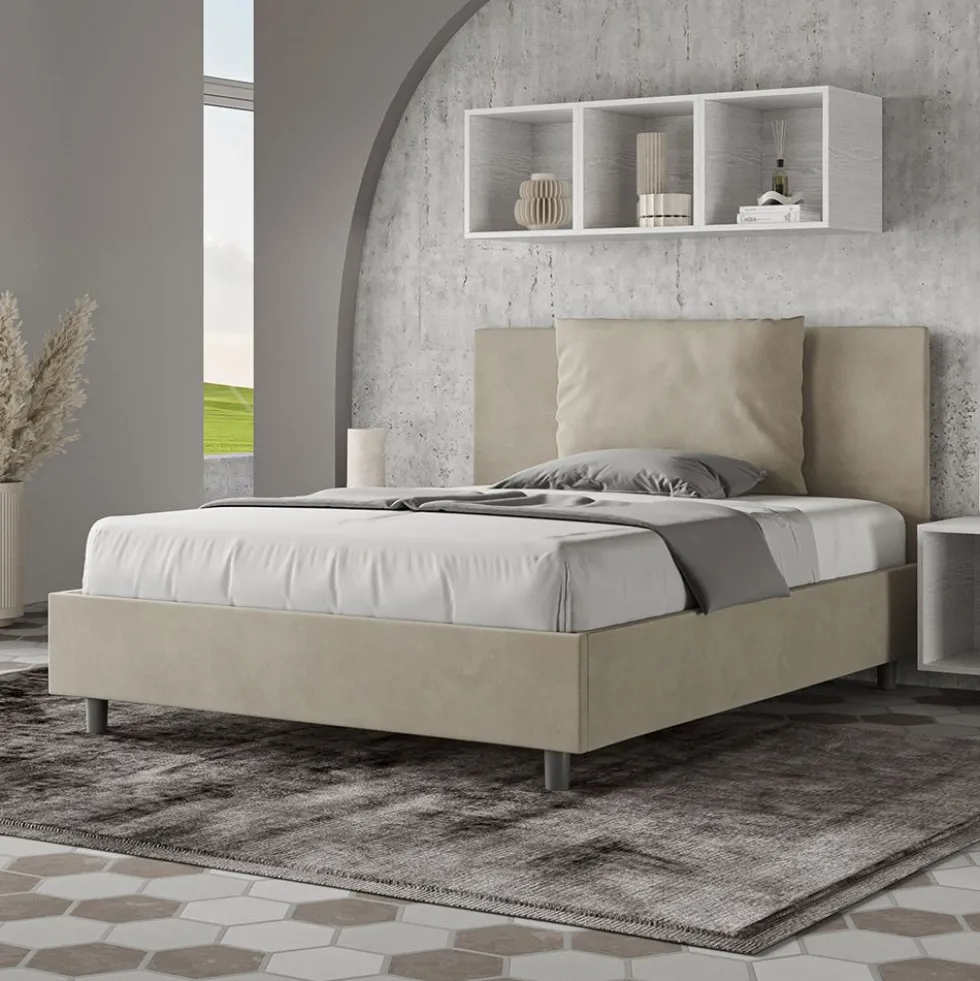 Letto 140x210cm alla francese giroletto imbottito in microfibra sabbia beige LIT279