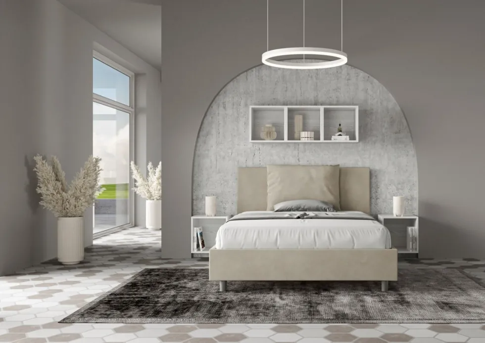 Letto 140x210cm alla francese giroletto imbottito in microfibra sabbia beige LIT279