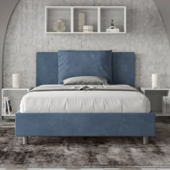 Letto 140x210cm alla francese giroletto imbottito in microfibra blu LIT279