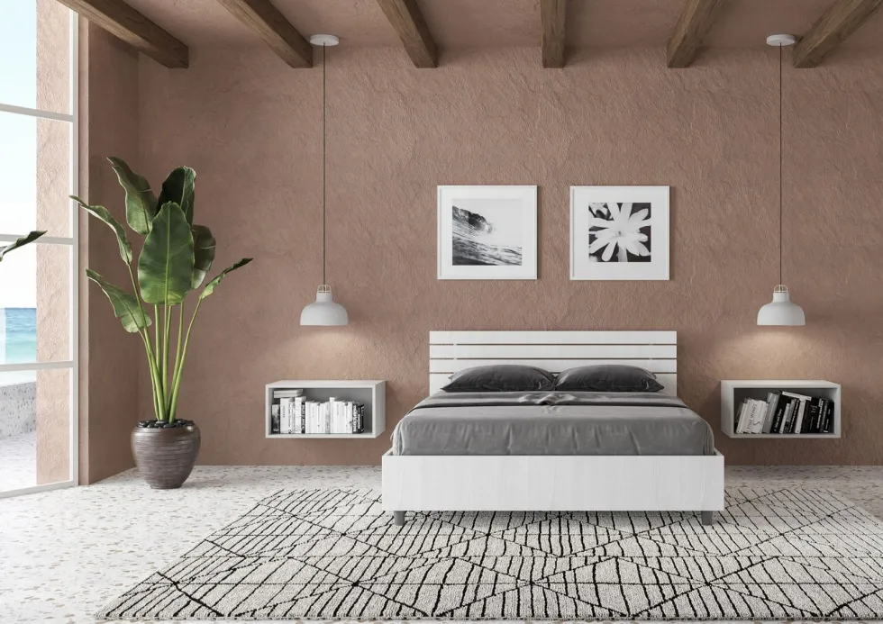 Letto 140x190cm alla francese testata inclinata effetto legno bianco frassino LIT351