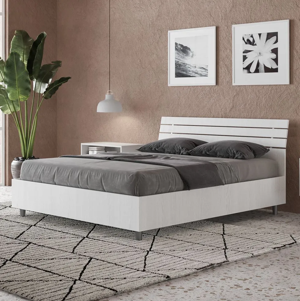 Letto 140x190cm alla francese testata inclinata effetto legno bianco frassino LIT351
