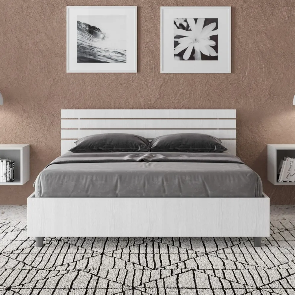 Letto 140x190cm alla francese testata dritta effetto legno bianco frassino LIT347