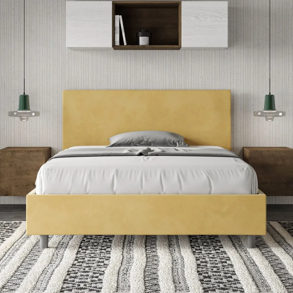 Letto 140x190cm alla francese testiera liscia in microfibra ocra LIT269