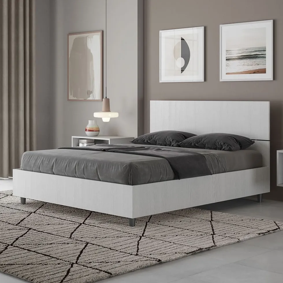 Letto 140x190cm alla francese testiera dritta effetto legno bianco frassino LIT339