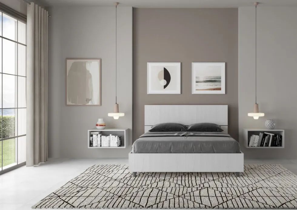 Letto 140x190cm alla francese testiera dritta effetto legno bianco frassino LIT339