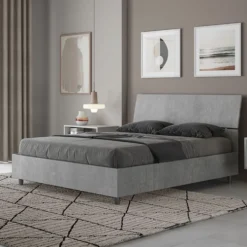 Letto 140x190cm alla francese testiera inclinata effetto legno cemento LIT343