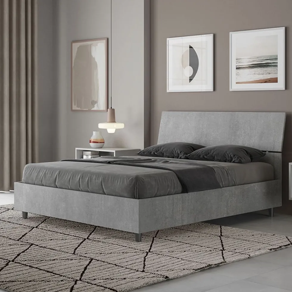 Letto 140x190cm alla francese testiera inclinata effetto legno cemento LIT343