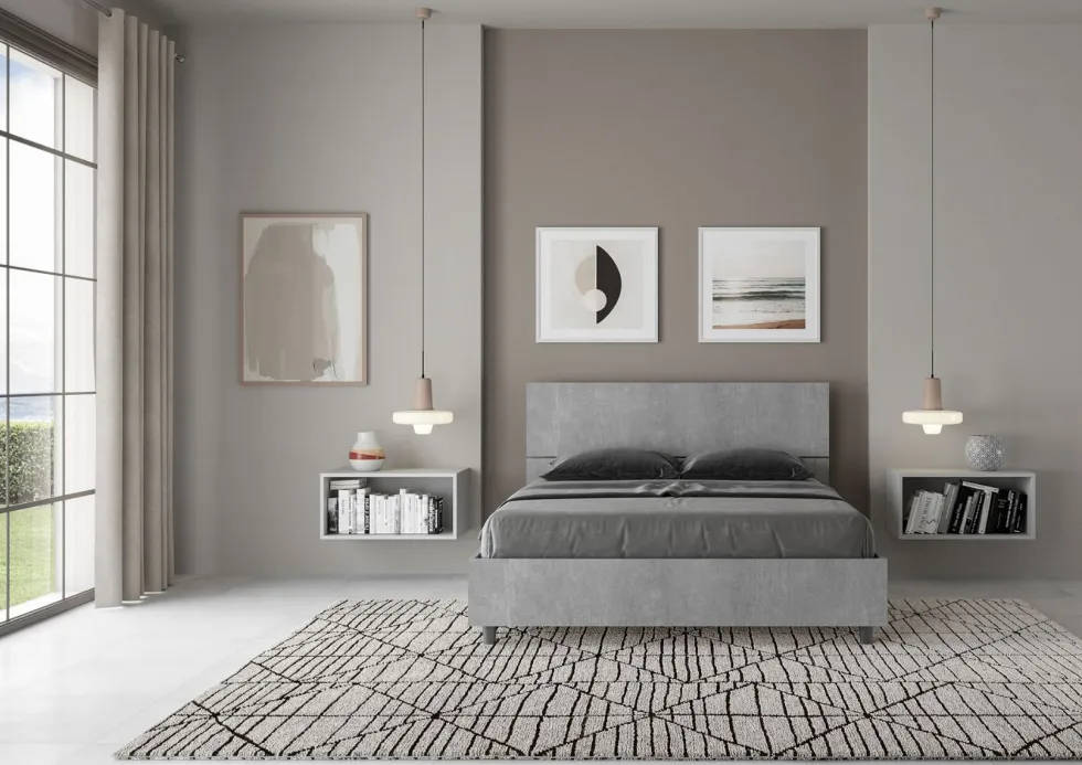 Letto 140x190cm alla francese testiera inclinata effetto legno cemento LIT343