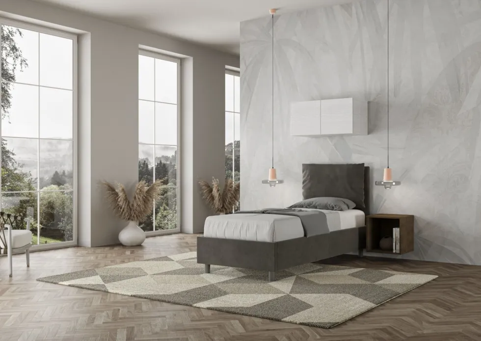 Letto 90x190cm a una piazza con cuscino imbottito in microfibra grigio LIT105