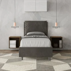 Letto 90x210cm a una piazza con cuscino imbottito in microfibra grigio LIT109