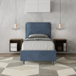 Letto 90x210cm a una piazza con cuscino imbottito in microfibra blu LIT109
