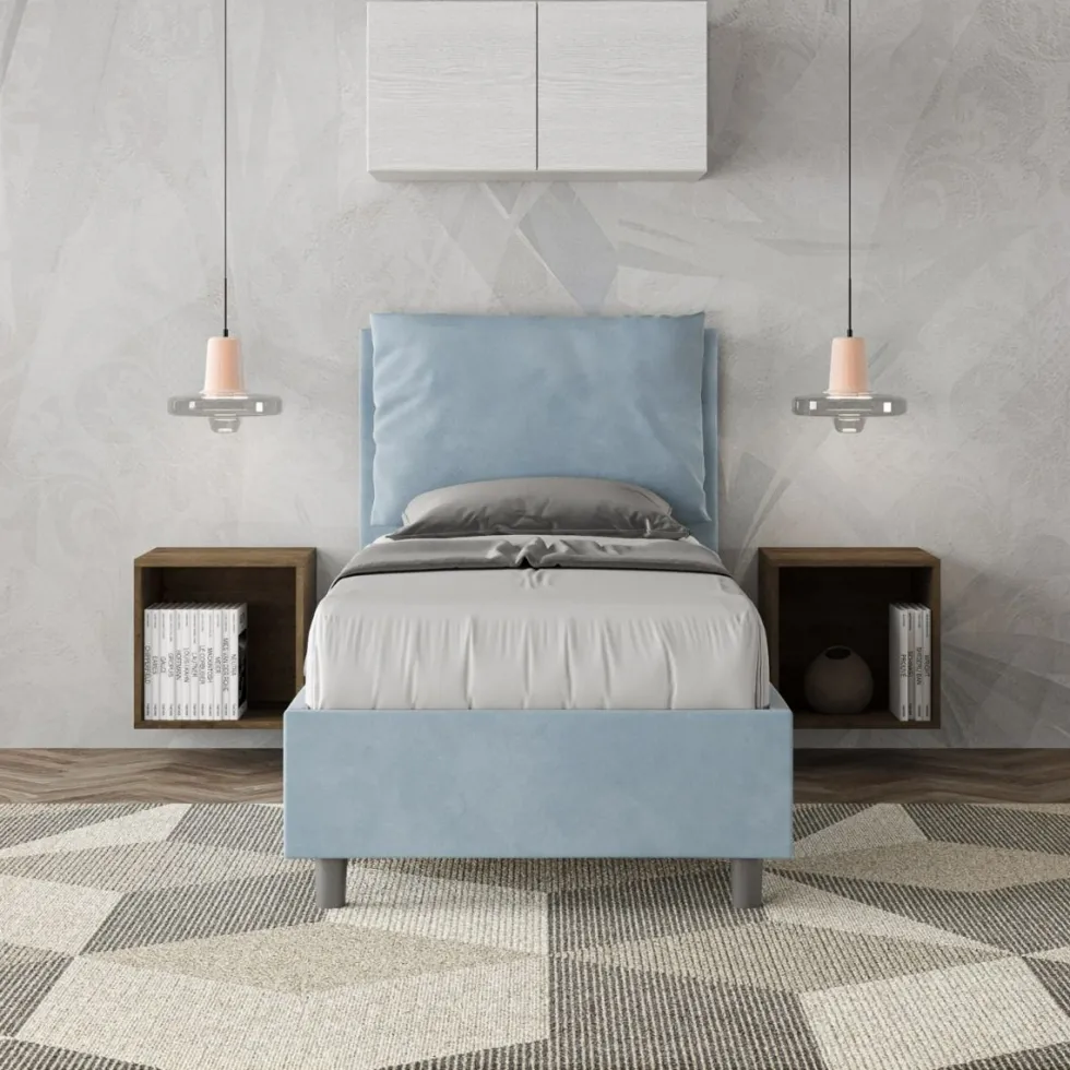 Letto 90x210cm a una piazza con cuscino imbottito in microfibra azzurro LIT109