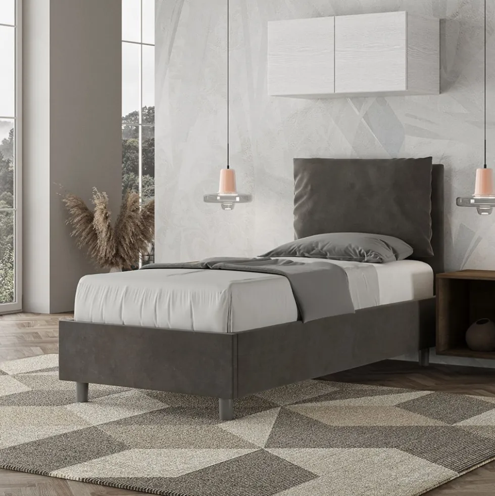 Letto 90x200cm a una piazza con cuscino imbottito in microfibra grigio LIT107