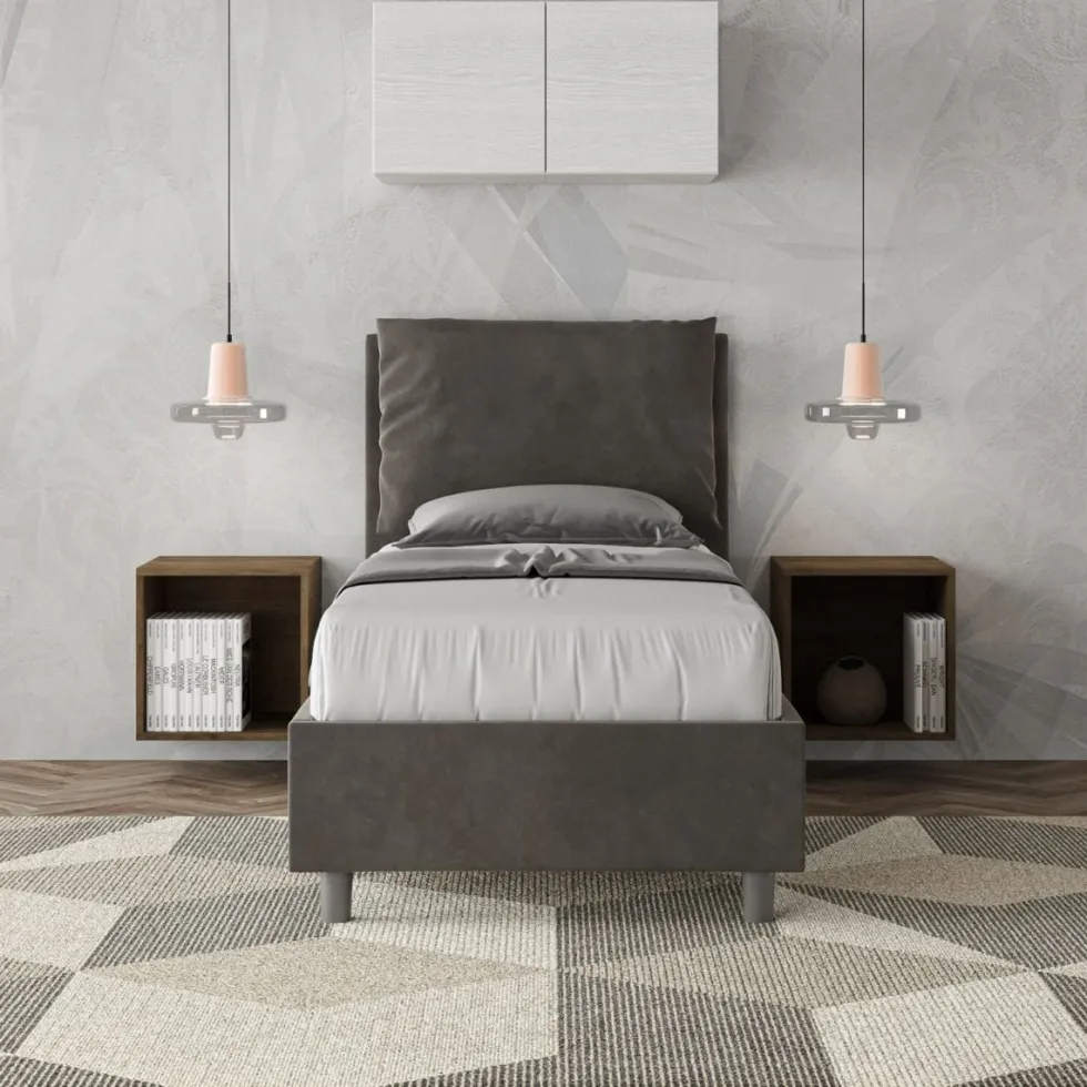 Letto 90x200cm a una piazza con cuscino imbottito in microfibra grigio LIT107