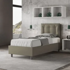 Letto 80x190cm a una piazza contenitore con bottoni in similpelle cappuccino LIT38