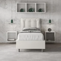 Letto 80x190cm a una piazza contenitore con bottoni in similpelle bianco LIT38