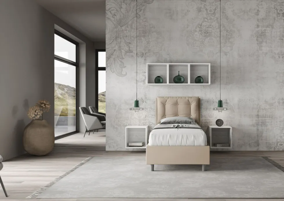 Letto 80x200cm a una piazza contenitore con bottoni tortora LIT40