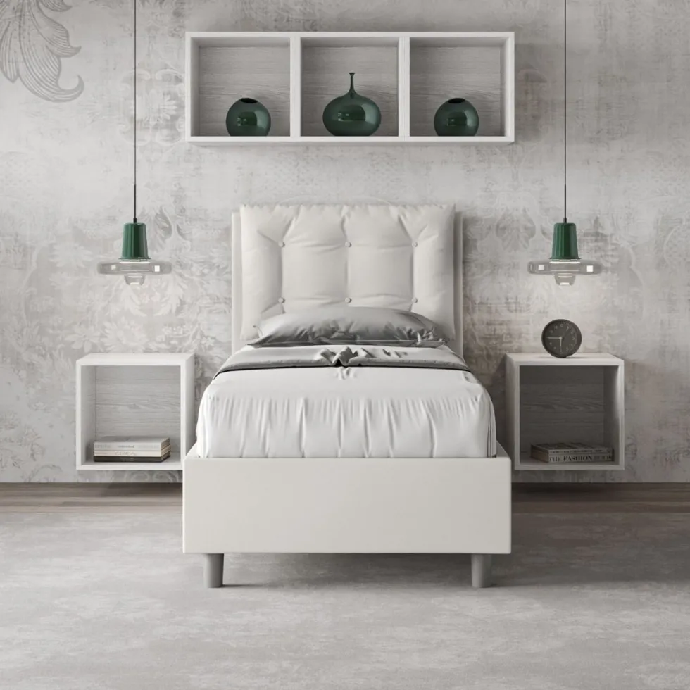 Letto 80x200cm a una piazza contenitore con bottoni bianco LIT40