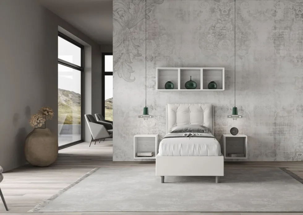 Letto 80x200cm a una piazza contenitore con bottoni bianco LIT40