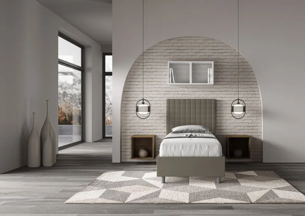 Letto 90x200cm a una piazza con testiera a quadretti in similpelle cappuccino LIT125