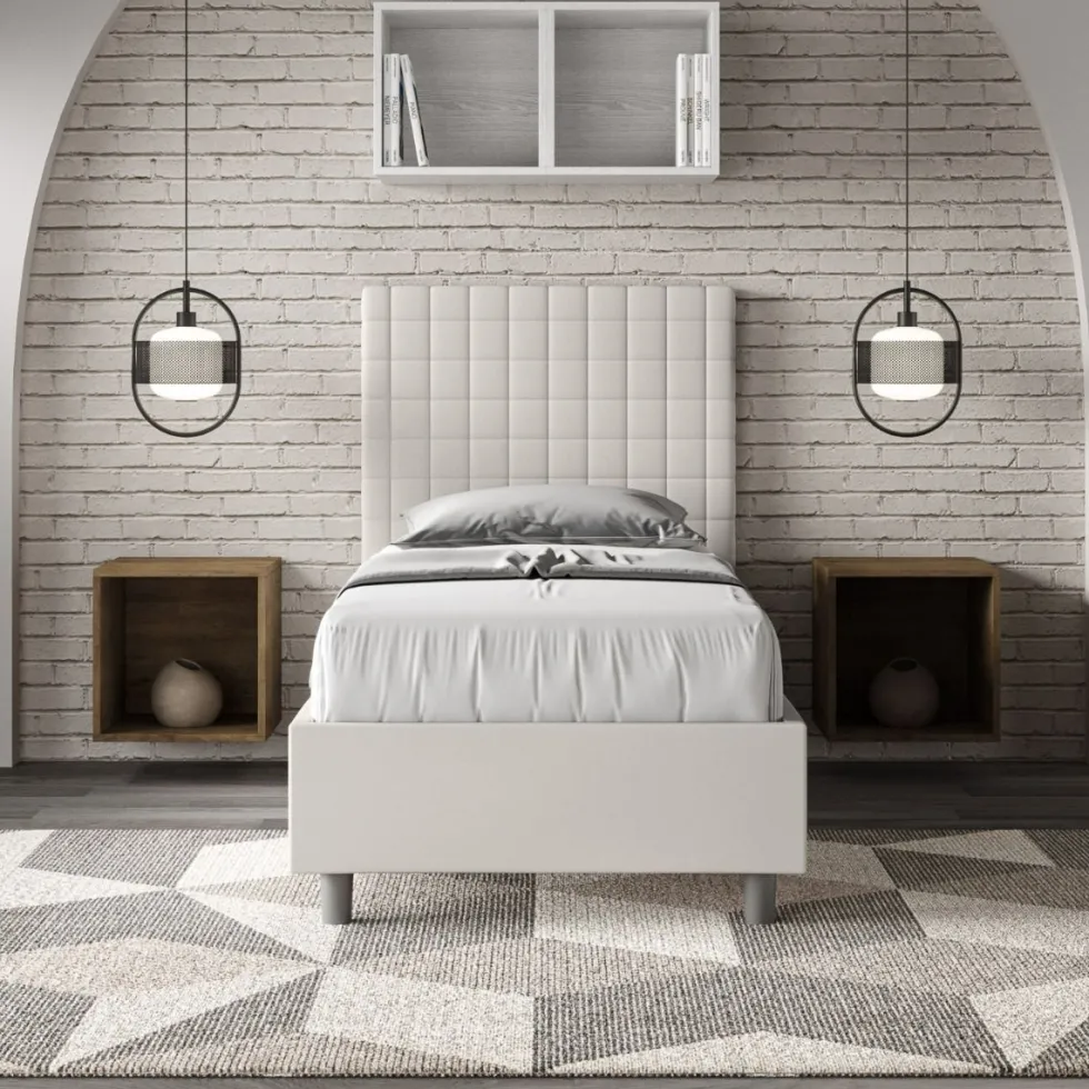 Letto 90x200cm a una piazza con testiera a quadretti in similpelle bianco LIT125