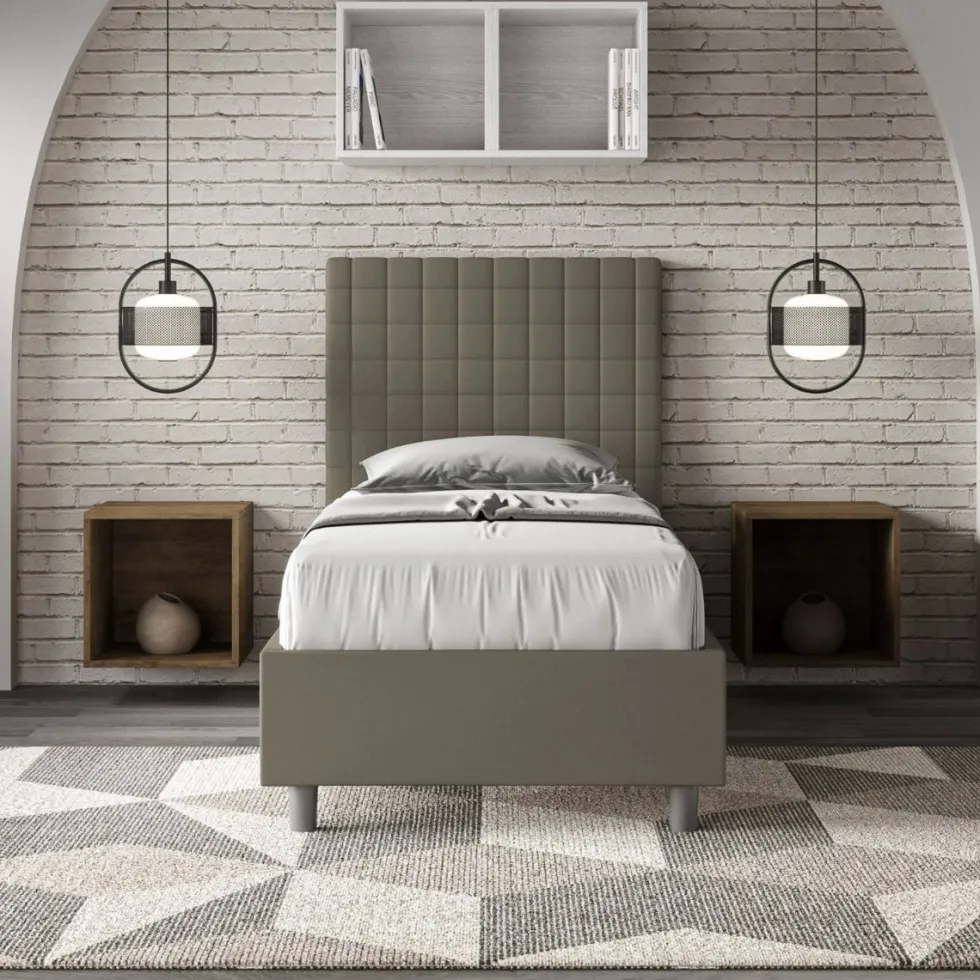 Letto 90x190cm a una piazza con testiera a quadretti in similpelle cappuccino LIT123