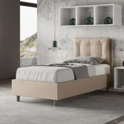 Letto 80x200cm a una piazza con testiera imbottita e bottoni tortora LIT39