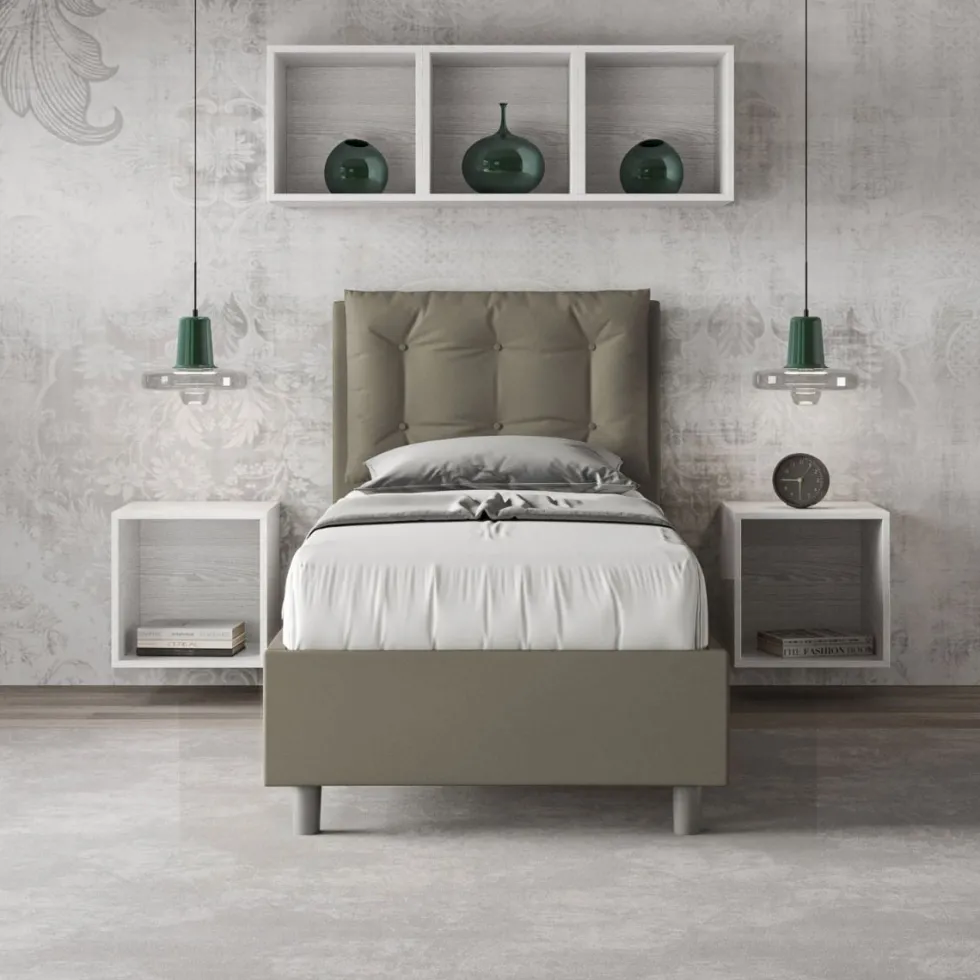 Letto 80x200cm a una piazza con testiera imbottita e bottoni cappuccino LIT39