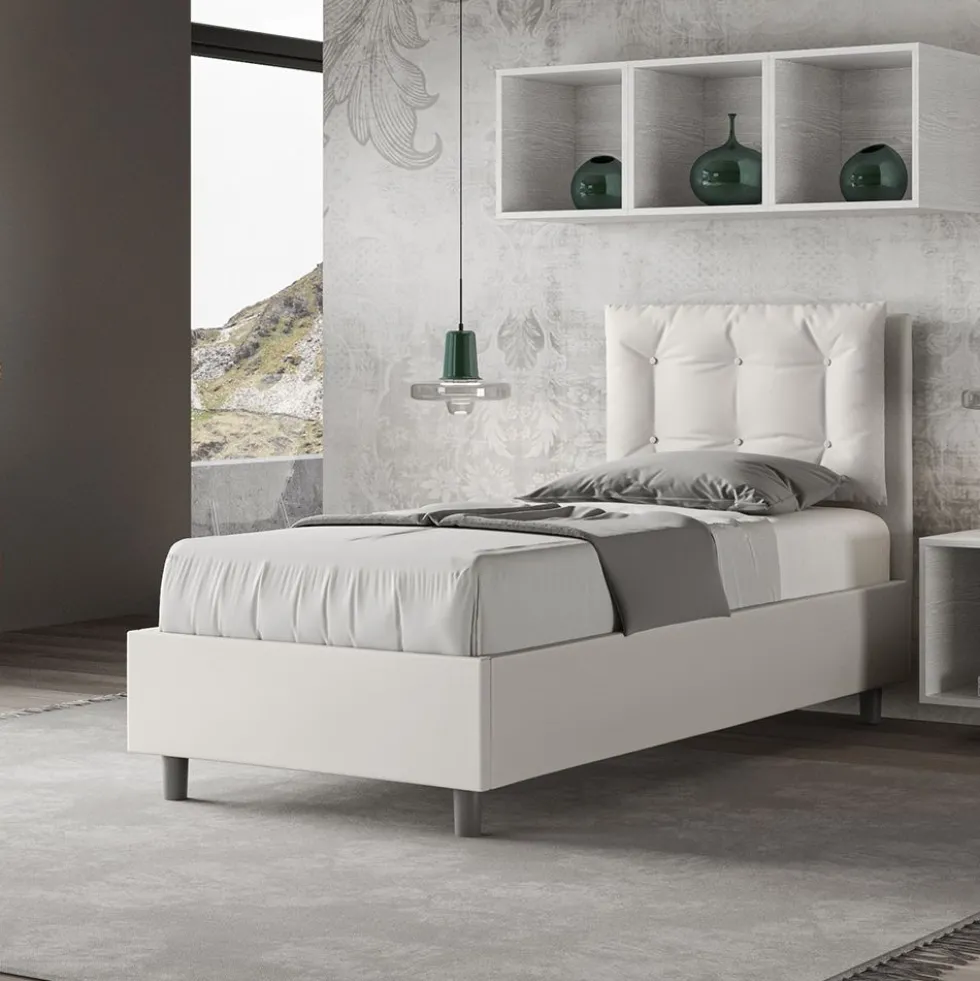 Letto 80x200cm a una piazza con testiera imbottita e bottoni bianco LIT39