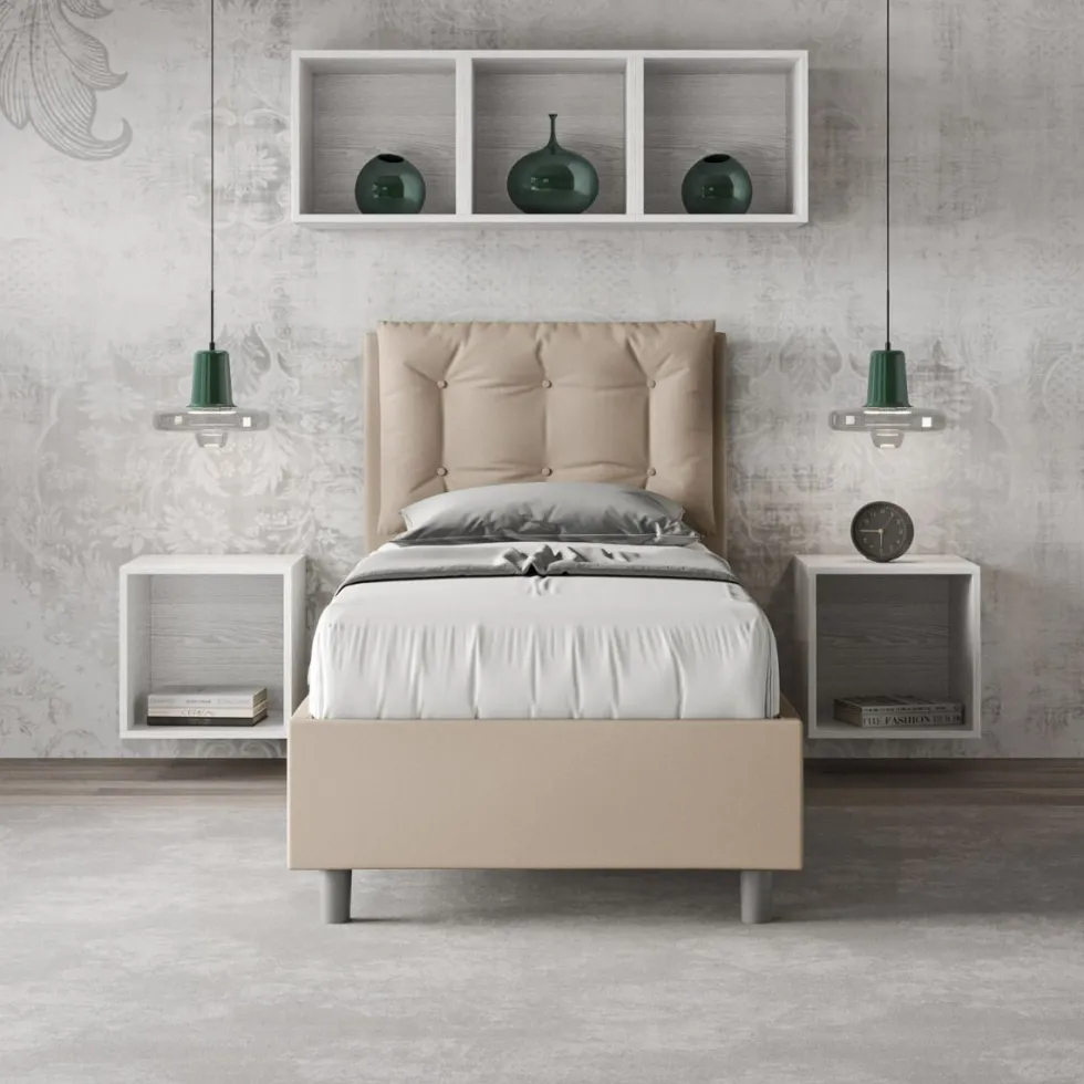 Letto 80x210cm a una piazza con testiera imbottita e bottoni tortora LIT41
