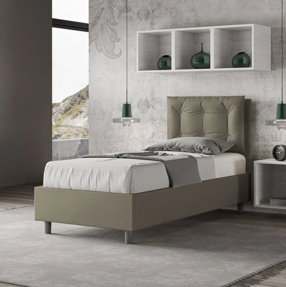 Letto 80x210cm a una piazza con testiera imbottita e bottoni cappuccino LIT41