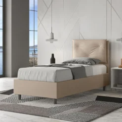 Letto 80x190cm a una piazza con tre bottoni in similpelle tortora LIT43