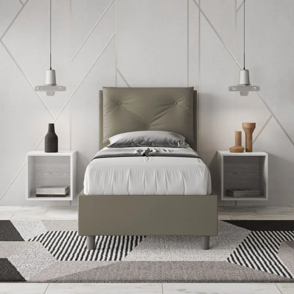 Letto 80x200cm a una piazza con tre bottoni in similpelle cappuccino LIT47