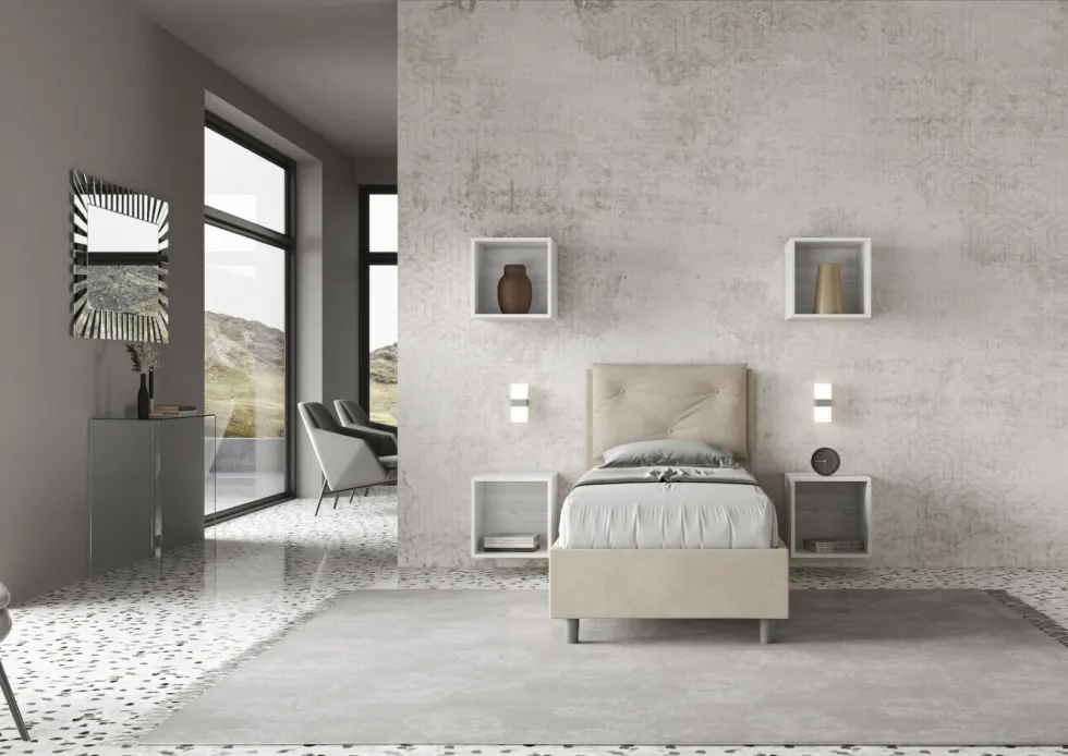 Letto 80x190cm a una piazza con tre bottoni in microfibra sabbia beige LIT45