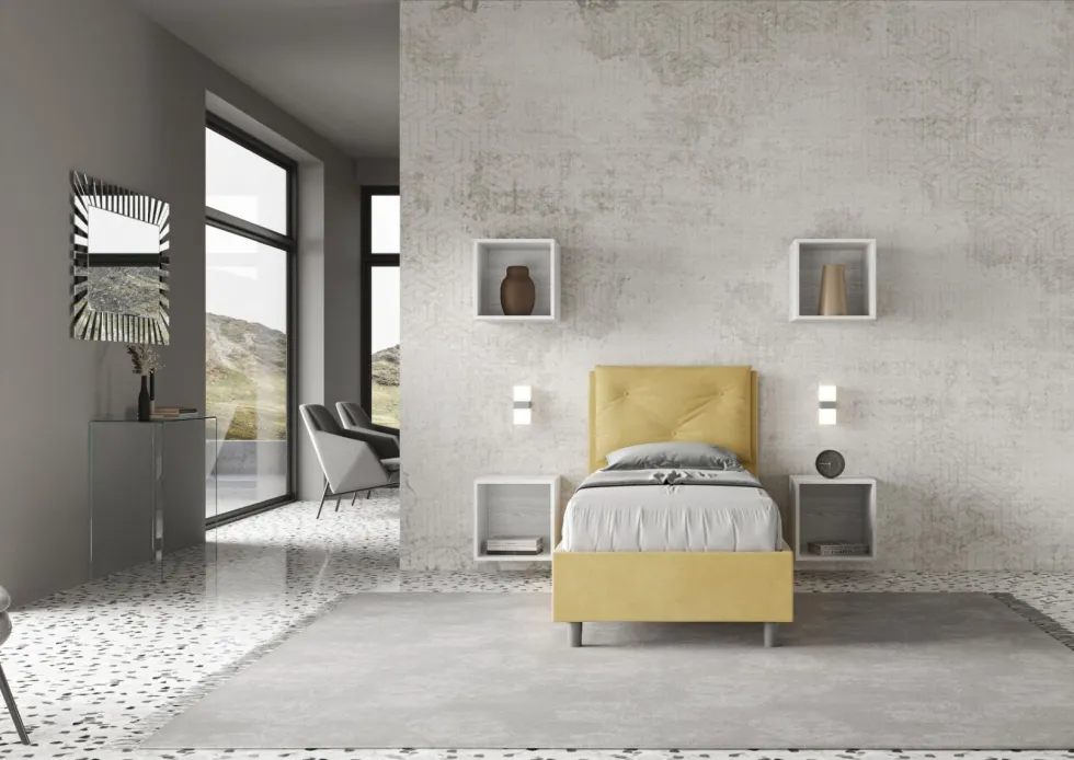 Letto 80x190cm a una piazza con tre bottoni in microfibra ocra LIT45
