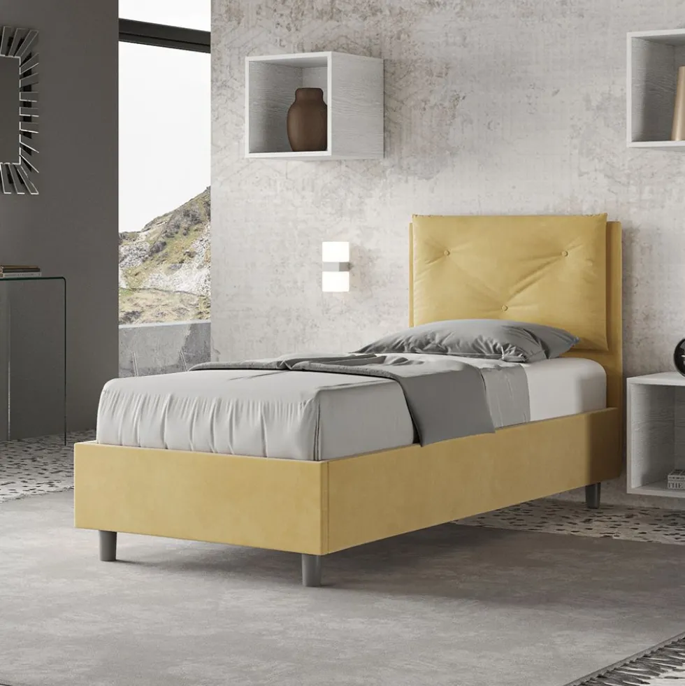 Letto 80x190cm a una piazza con tre bottoni in microfibra ocra LIT45
