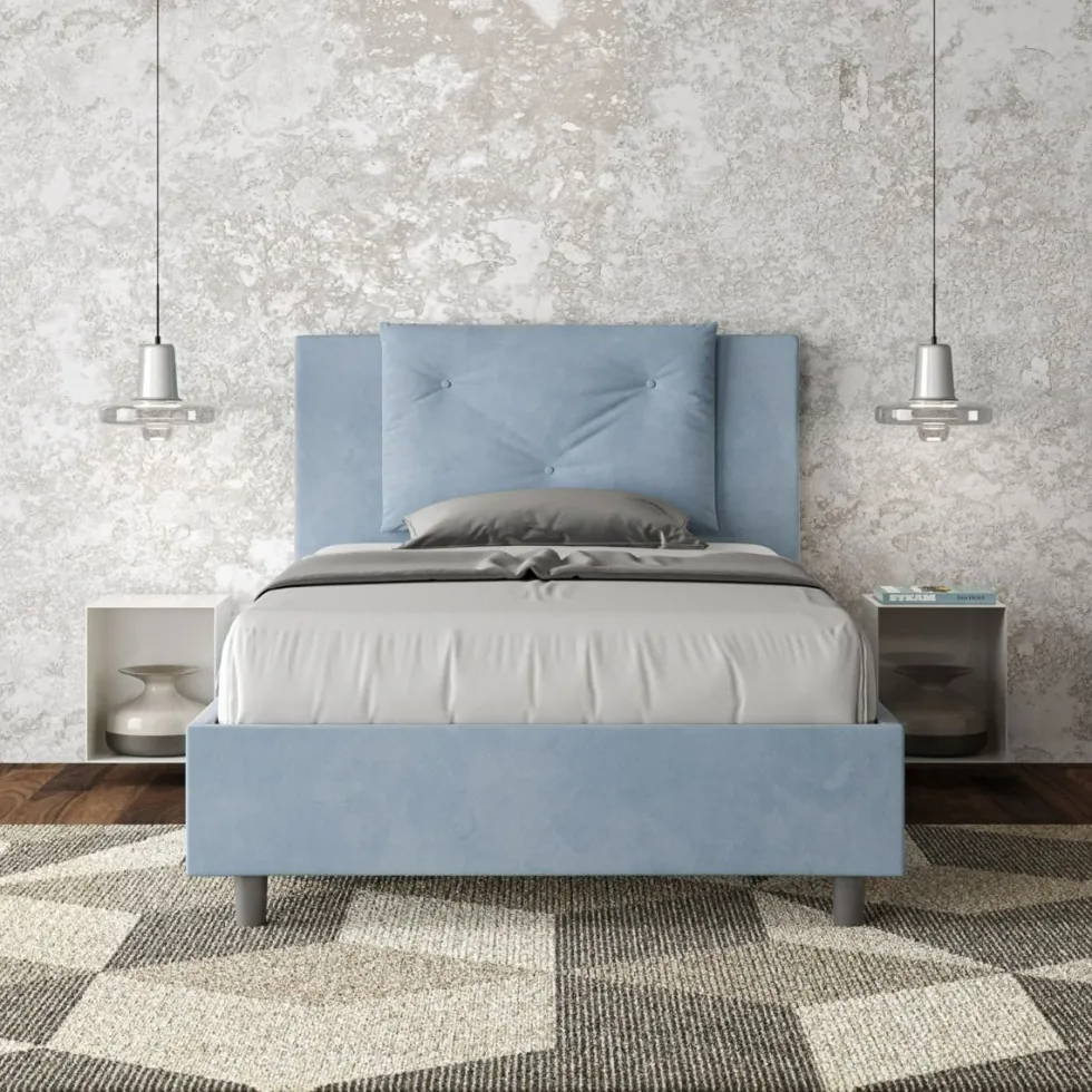 Letto 120x210cm a una piazza e mezza con tre bottoni in microfibra azzurro LIT187