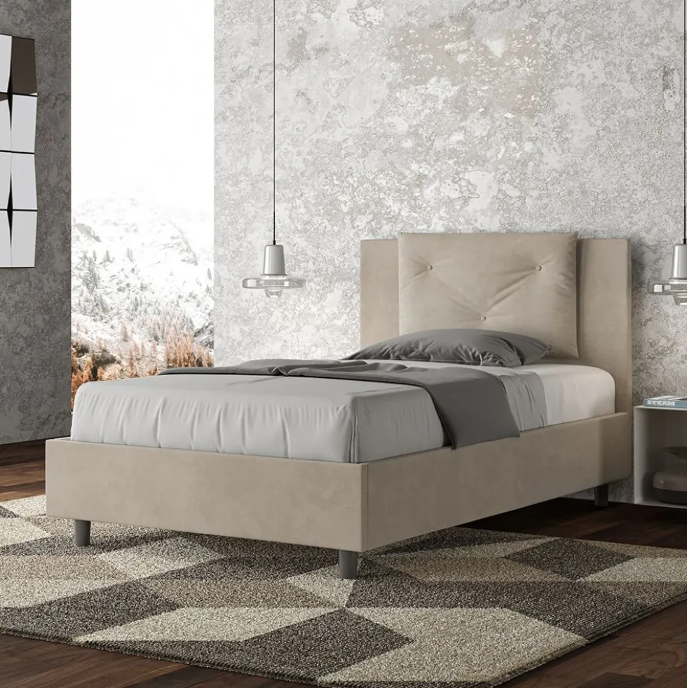 Letto 120x190cm a una piazza e mezza con tre bottoni in microfibra sabbia beige LIT179