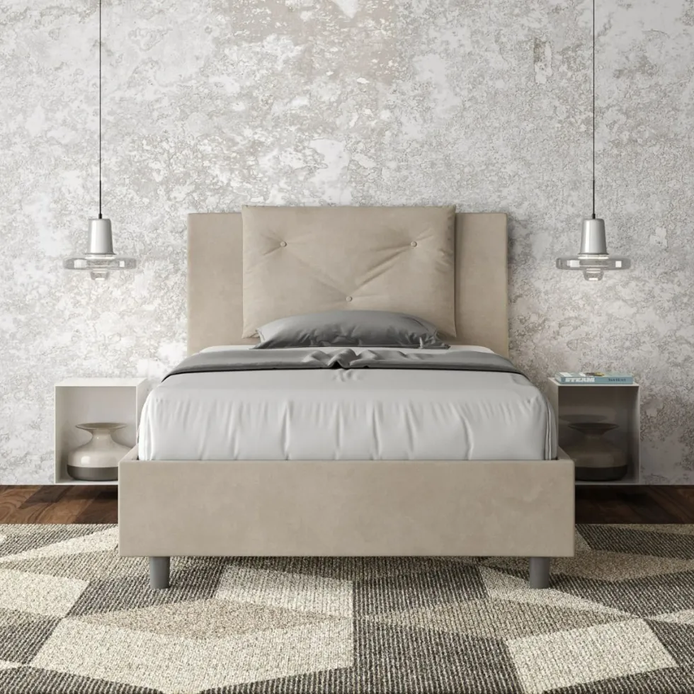 Letto 120x190cm a una piazza e mezza con tre bottoni in microfibra sabbia beige LIT179