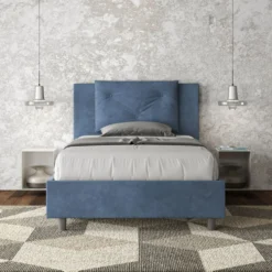 Letto 120x190cm a una piazza e mezza con tre bottoni in microfibra blu LIT179