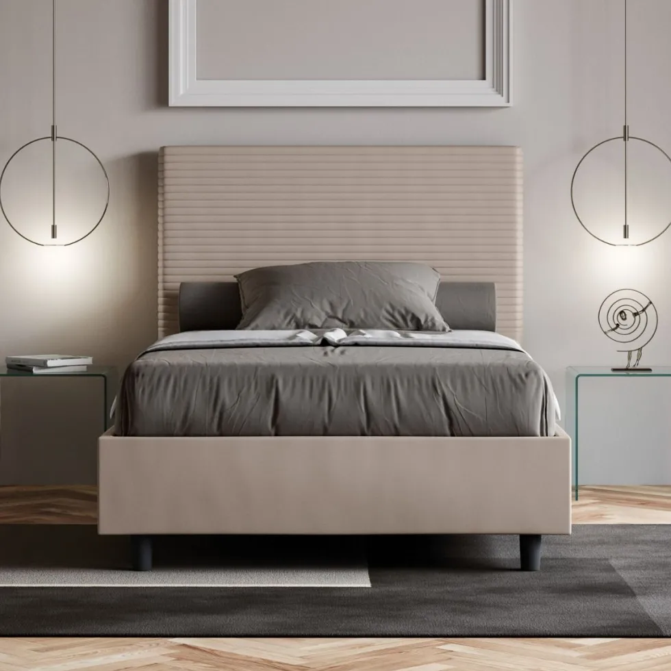 Letto 120x190cm a una piazza e mezza con testiera trapuntata tortora LIT201