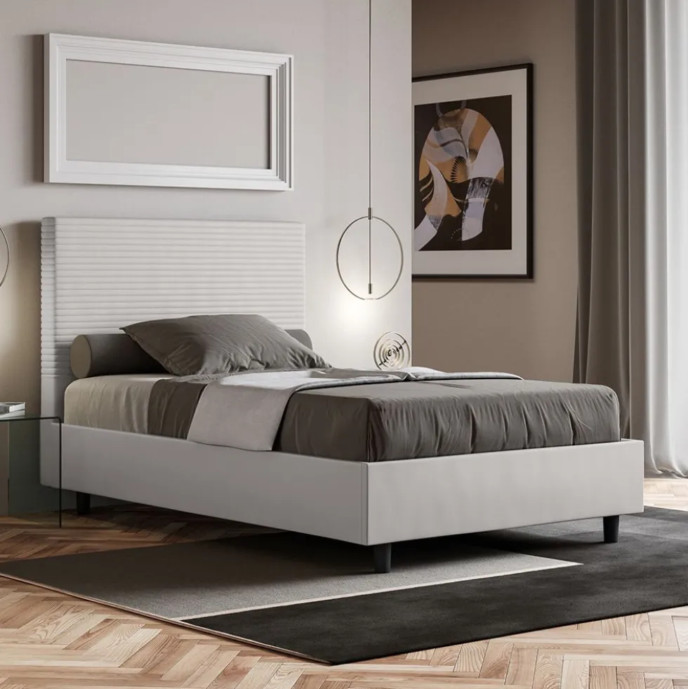 Letto 120x190cm a una piazza e mezza con testiera trapuntata bianco LIT201