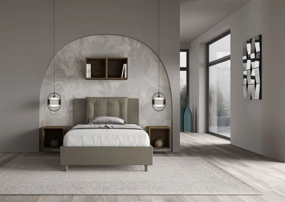 Letto 120x210cm a una piazza e mezza con bottoni in similpelle cappuccino LIT175