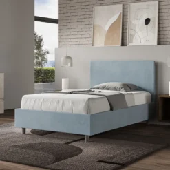 Letto 120x200cm a una piazza e mezza con testiera in microfibra azzurro LIT153