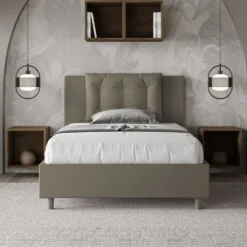 Letto 120x200cm a una piazza e mezza con bottoni in similpelle cappuccino LIT173