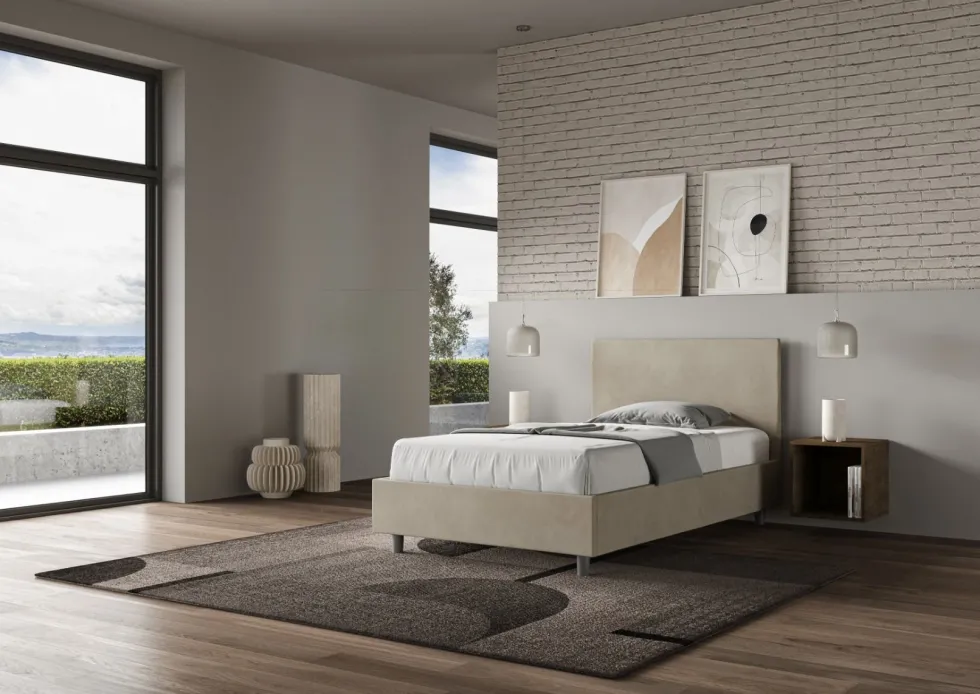Letto 120x190cm a una piazza e mezza con testiera in microfibra sabbia beige LIT149
