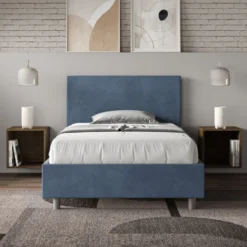 Letto 120x190cm a una piazza e mezza con testiera in microfibra blu LIT149