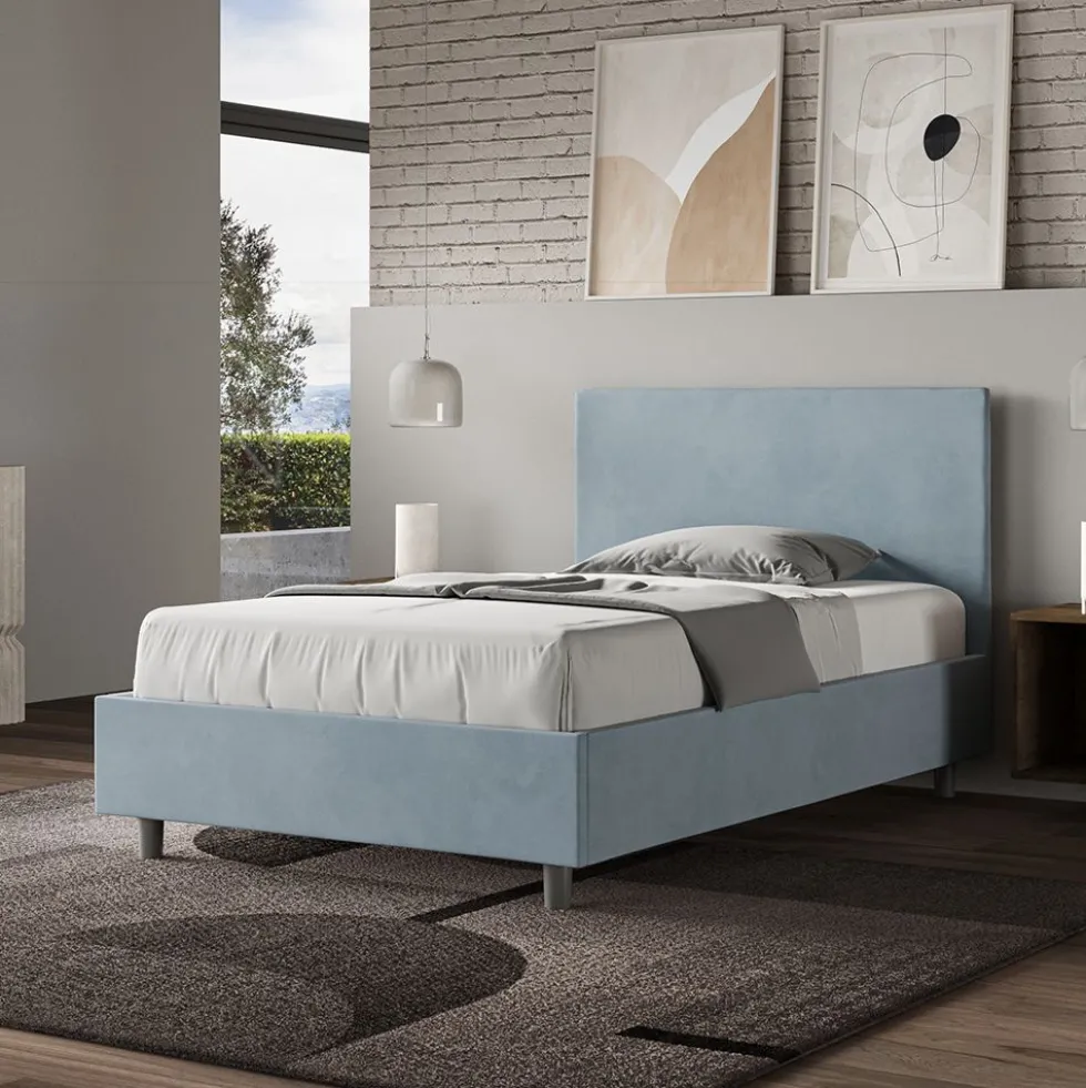Letto 120x190cm a una piazza e mezza con testiera in microfibra azzurro LIT149