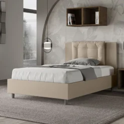 Letto 120x190cm a una piazza e mezza con bottoni in similpelle tortora LIT171