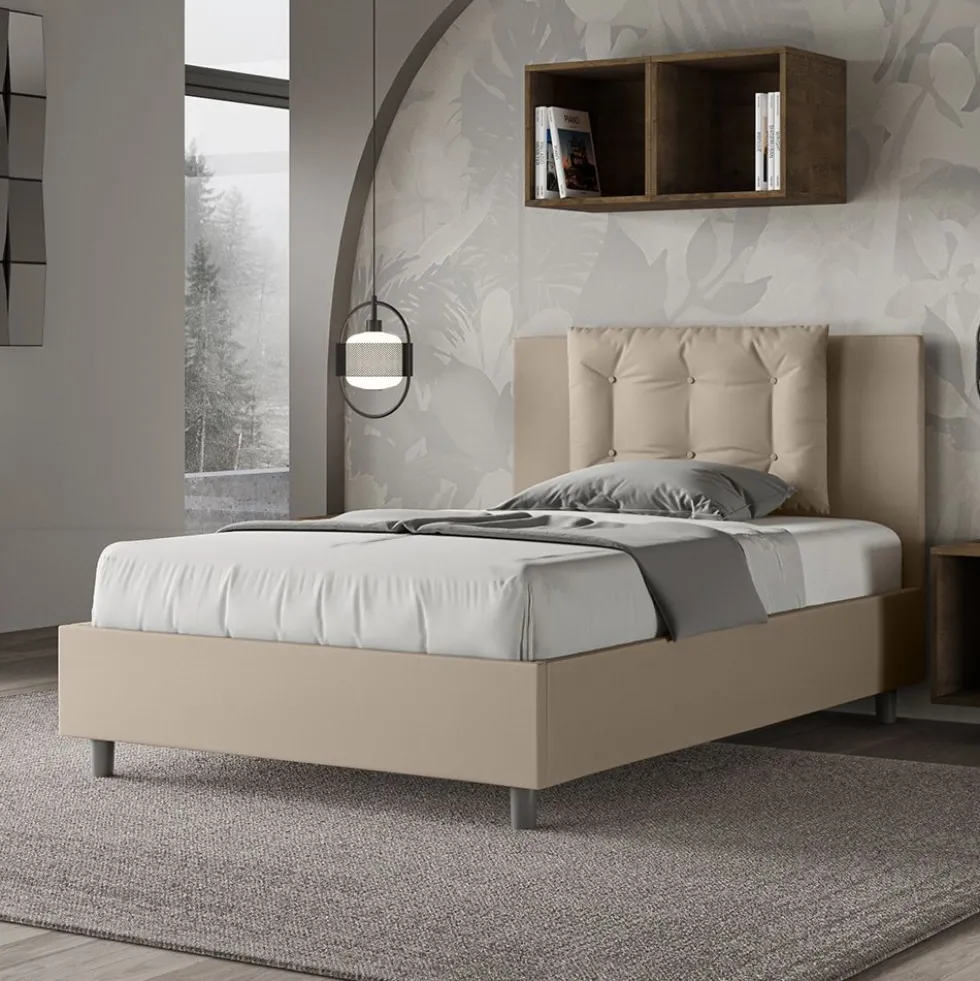 Letto 120x190cm a una piazza e mezza con bottoni in similpelle tortora LIT171